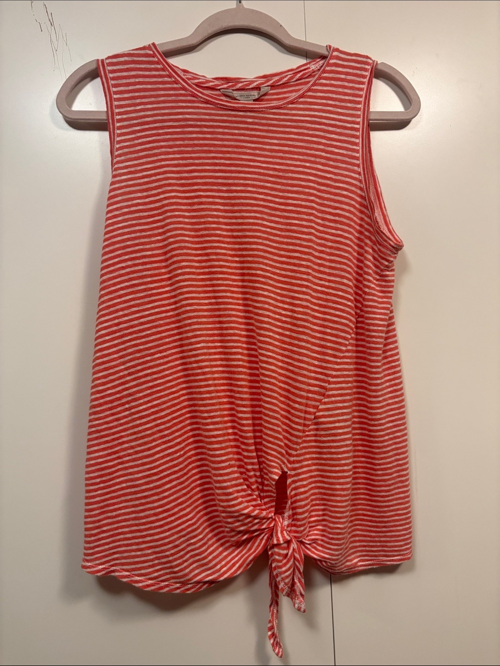 Banana Republic Striped Tie-Front Sleeveless 100% Linen Tank Top - Coral/White S